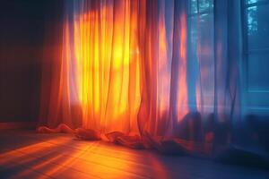 Soft sunlight filters through sheer curtains, casting a warm glow in a tranquil room. photo