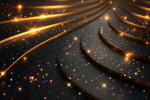 A close-up of elegant, swirling golden patterns on a dark background, adorned with shimmering sparkles. photo