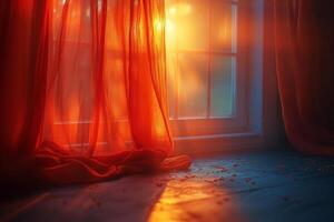 Sunlight filters through bright orange curtains, casting a warm glow in a serene indoor setting. photo
