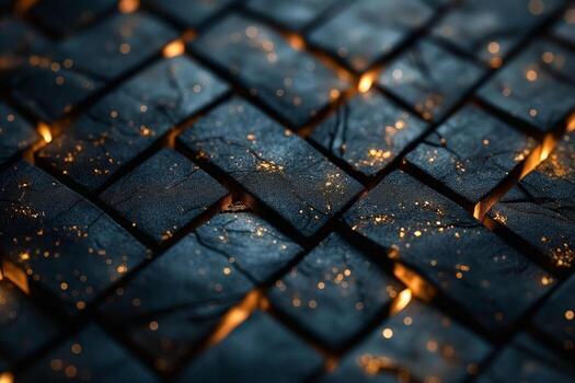 An artistic view of dark textured tiles illuminated with golden highlights, creating a captivating contrast and depth. photo