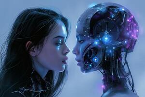 A young woman gazes thoughtfully at a humanoid robot, both featuring intricate details and glowing elements in a futuristic setting. photo