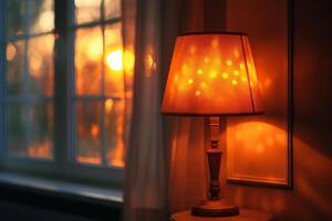 A cozy lamp casting a warm glow as sunlight filters through the window, creating a tranquil evening atmosphere. photo