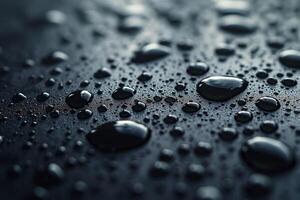 Close-up of glistening water droplets on a sleek black surface, creating a moody and textured scene. photo