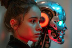 A young girl gazes thoughtfully at a futuristic robot, illuminated by vibrant red and blue lights, embodying curiosity and innovation. photo