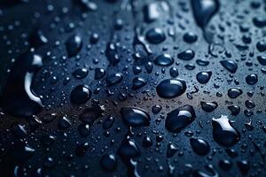 Close-up of glistening water droplets on a dark surface, creating a captivating visual of texture and light. photo