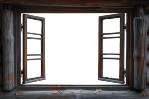 Rustic wooden window frames open to a blank white space, inviting freshness and warmth into the cozy atmosphere. photo