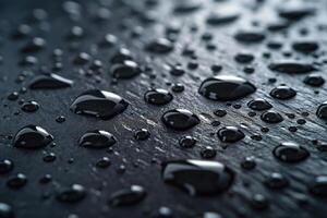 Close-up of shimmering water droplets on a dark, textured surface, creating a sense of depth and tranquility. photo