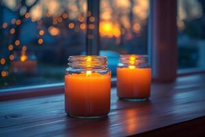 Twilight glow from vibrant candlelight illuminating a cozy window setting. photo