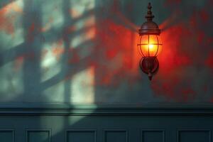 A vintage wall lamp casts a warm orange glow, illuminating textured walls in a serene indoor setting. photo
