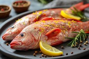 Freshly caught red snapper fish garnished with herbs and lemon slices on a dark platter. photo
