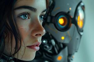 A striking portrait of a young woman with deep blue eyes, standing beside a futuristic robot with glowing orange lights. photo