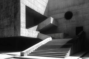 An abstract architectural structure featuring stark concrete textures and geometric forms. photo