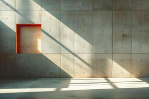 A minimalist architectural interior with a concrete wall and a vibrant red square window casting striking shadows. photo