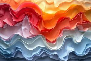 Colorful waves of crumpled paper in shades of orange, red, and blue create an artistic layered effect. photo
