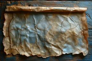 Crinkled ancient parchment on a rustic wooden surface, evoking a sense of history and age. photo
