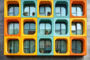 Colorful modern architecture featuring bold orange and teal windows with potted plants, creating a cheerful ambiance. photo