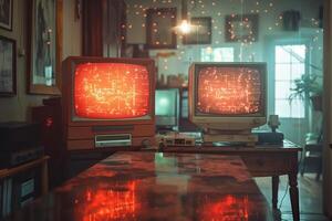 Two retro computers with glowing screens in a cozy, warmly lit room. photo