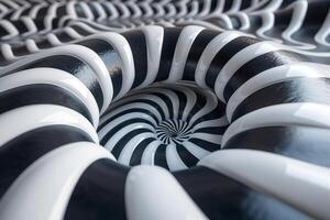 A mesmerizing close-up of a spiraling black and white pattern, evoking a 3D vortex illusion. photo