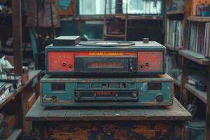 Vintage audio equipment in a rustic setting, showcasing a retro cassette player and record player with a worn aesthetic. photo