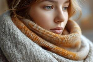 Close-up of a young Caucasian woman with blue eyes wrapped in a warm scarf, evoking a cozy, contemplative mood. photo