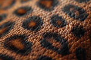 Close-up view of leopard skin showcasing its distinct pattern and rich textures. photo