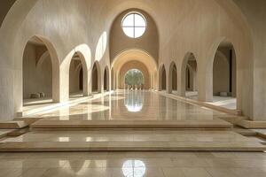 Serene architectural interior with soft lighting and elegant arches creating a peaceful atmosphere. photo
