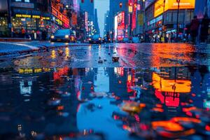 A vibrant city street reflecting neon lights after rain, creating a mesmerizing urban scene. photo
