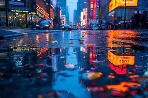 A vibrant street scene after rain, showcasing reflections of neon lights and falling leaves. photo