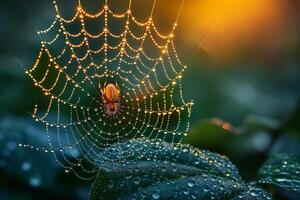 A close-up of a spider weaving its intricate web adorned with dewdrops, creating a mesmerizing display at dawn. photo