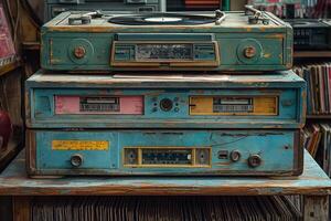 Vintage record player and cassette deck in retro color tones, exuding nostalgia and charm. photo