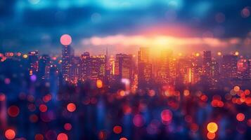 A stunning twilight cityscape featuring vibrant skyscrapers with a warm glow, creating a magical urban atmosphere. photo