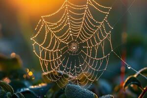 A close-up of a spider web adorned with dew drops, glistening in the warm morning light. photo
