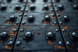 Close-up of a textured metallic surface with rusted spots and glossy beads, evoking industrial aesthetics. photo