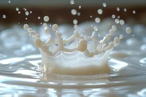A dynamic splash of milk forms a crown shape, captured in stunning detail, showcasing the elegance of fluid motion. photo