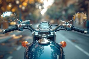 Close-up view of a motorcycle handlebar with mirrors, showcasing sleek design and urban atmosphere at dusk. photo