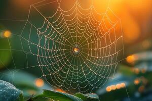 Intricate spider web adorned with dew drops, reflecting sunlight in a serene garden setting. photo