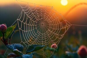 A delicate spider web adorned with dew drops, beautifully illuminated by the warm colors of sunrise. photo