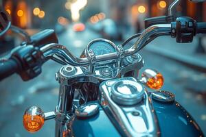 Close-up of a gleaming motorcycle handlebar, showcasing intricate metalwork and warm city lights in the background. photo