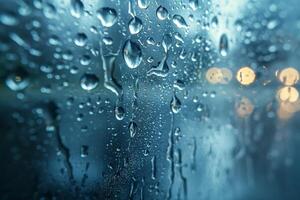 Close-up of raindrops on a window, creating a soothing, blurred effect with soft, glowing lights in the background. photo