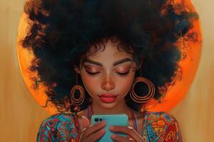 Young Black woman with an afro hairstyle, focused on her smartphone, surrounded by warm colors that create a vibrant atmosphere. photo