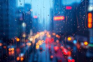 A blurred cityscape view illuminated by vibrant lights, with rain droplets creating a beautiful bokeh effect on the window. photo