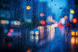 A mesmerizing view of city lights blurred by raindrops on glass, creating a dreamy atmosphere during a rainy evening. photo
