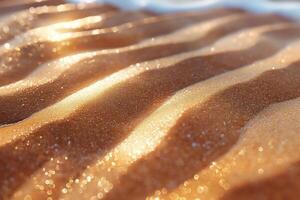 Beautiful close-up of shimmering golden sand, glistening under warm sunlight, creating a serene and tranquil beach atmosphere. photo