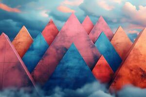 A vibrant, abstract landscape of colorful triangular peaks emerging from a soft, misty atmosphere. photo