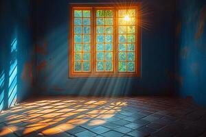 A serene room bathed in warm sunlight filtering through a textured window, creating a play of light and shadow. photo