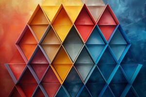 Colorful geometric design with triangular shelves in shades of orange, yellow, red, and blue, creating a vibrant and modern aesthetic. photo