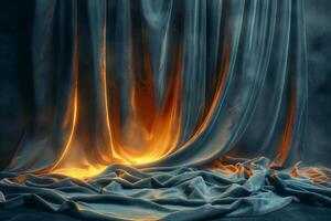 A flowing curtain of soft blue fabric accented by a warm, glowing light from below, creating a dramatic and ethereal atmosphere. photo