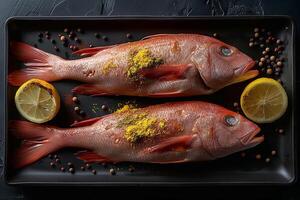 Fresh red snapper ready for preparation, garnished with spices and lemon slices. photo