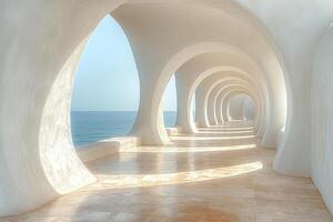 Stunning coastal architecture featuring a series of white arches that frame a serene ocean view. photo