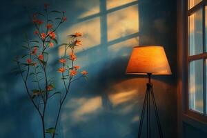A serene corner featuring a stylish lamp and blooming branches, illuminated by soft, warm light. photo